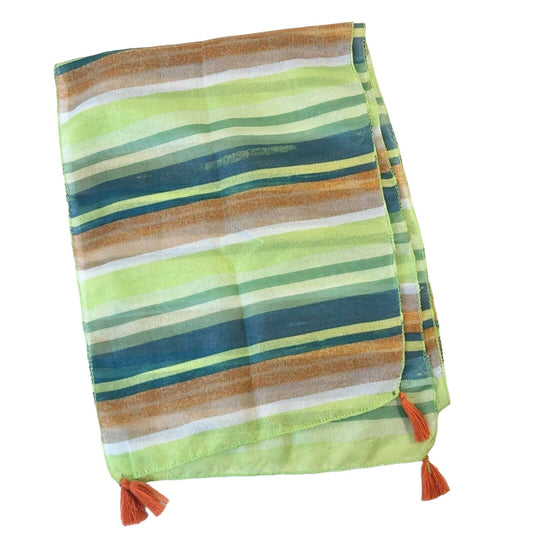 Green Striped Scarf with Orange Tassels Multicolor Versatile Fun EUC