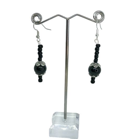 Handcrafted Beaded Drop Earrings Black & Silver Beads Shiny Jewelry NEW