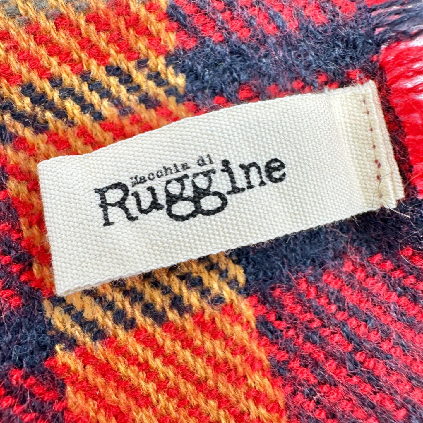 Ruggine Scarf Wrap 77x33 Acrylic Plaid Blue Yellow Red Frayed Fringe Edges