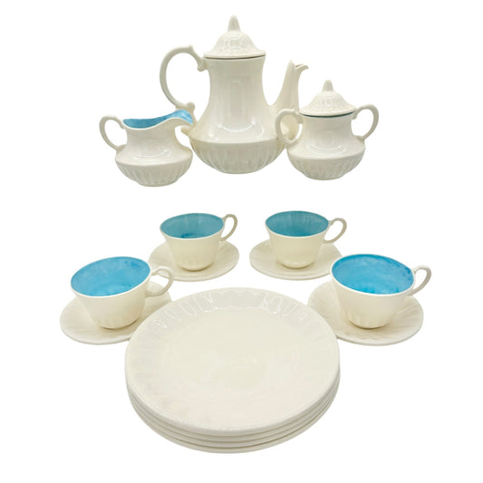 Childrens 17 Piece Ceramic Tea Set With Blue Interiors and White Exterior Design