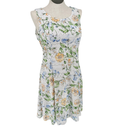 Perceptions Dress with Cardigan Set Womens L White Lace Florals Blue Sheer Shrug