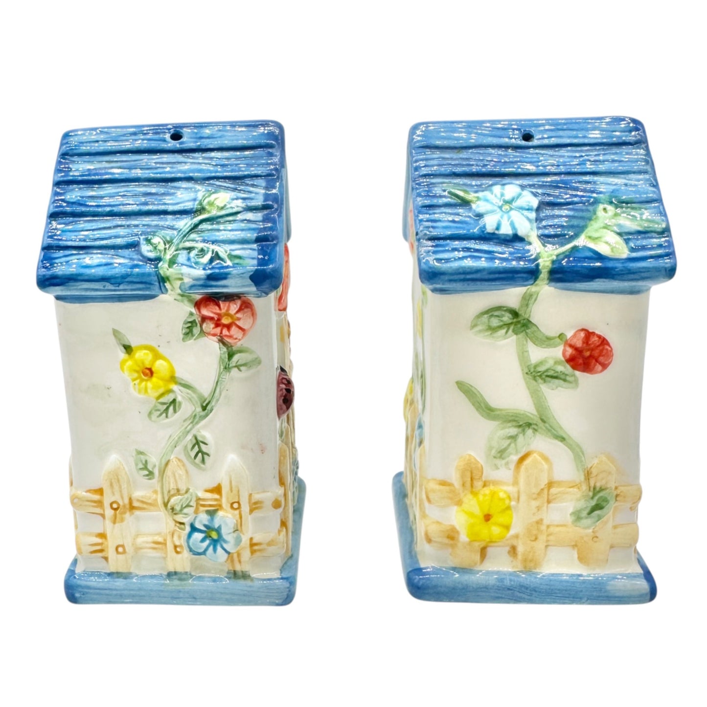 Birdhouse Salt and Pepper Shakers Hand Painted Ceramic Bee Ladybug Florals 3.5"H