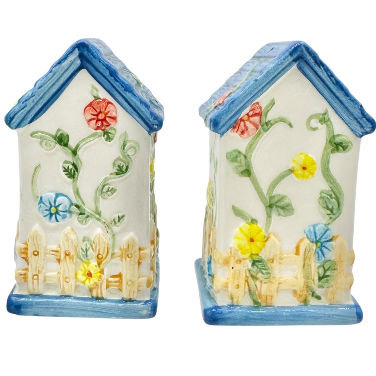 Birdhouse Salt and Pepper Shakers Hand Painted Ceramic Bee Ladybug Florals 3.5"H