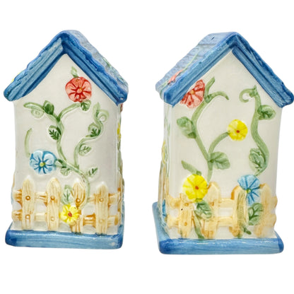 Birdhouse Salt and Pepper Shakers Hand Painted Ceramic Bee Ladybug Florals 3.5"H