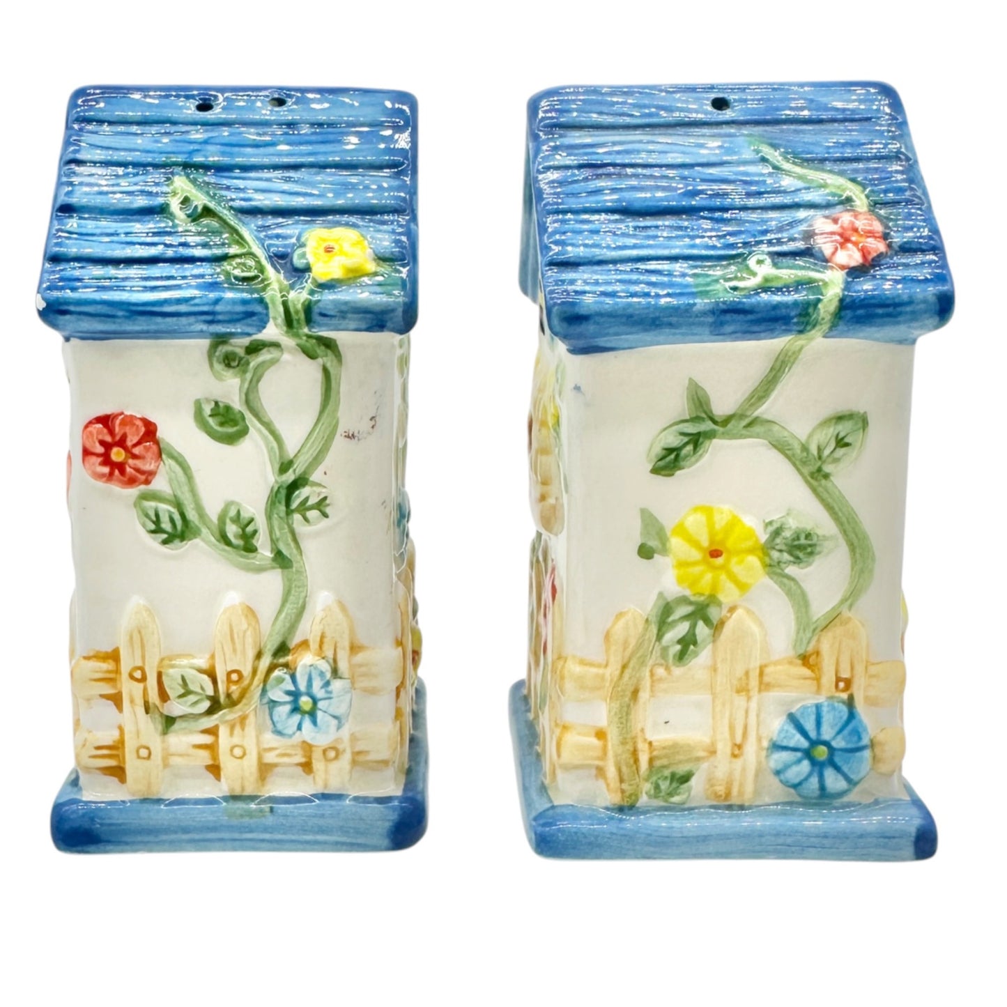 Birdhouse Salt and Pepper Shakers Hand Painted Ceramic Bee Ladybug Florals 3.5"H