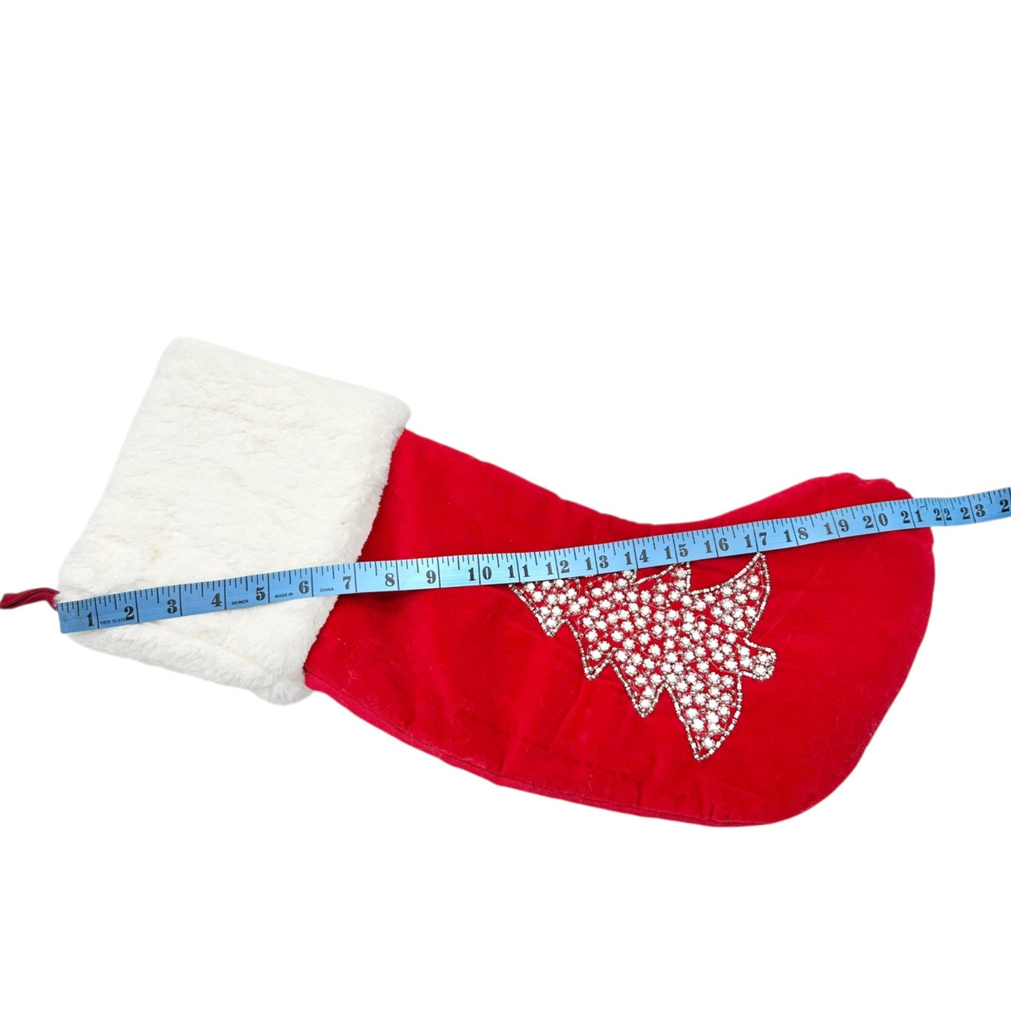 Max Studio Home Red Velvet Christmas Stocking Faux Fur Cuff Beaded Tree Design