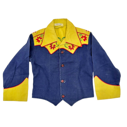 Charles Paddock Vintage Childs Western Shirt Blue Yellow Red Piping Embroidered