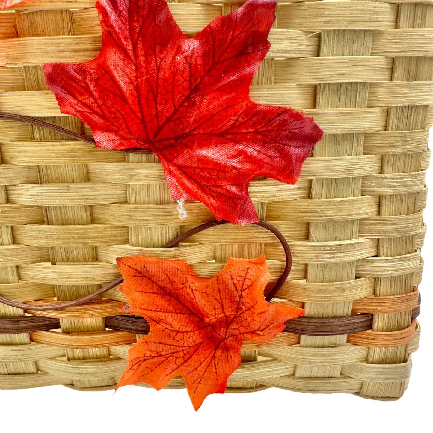 Handmade Basket Falling Leaves Square Shaped with Handle and Leaves Decoration on Front