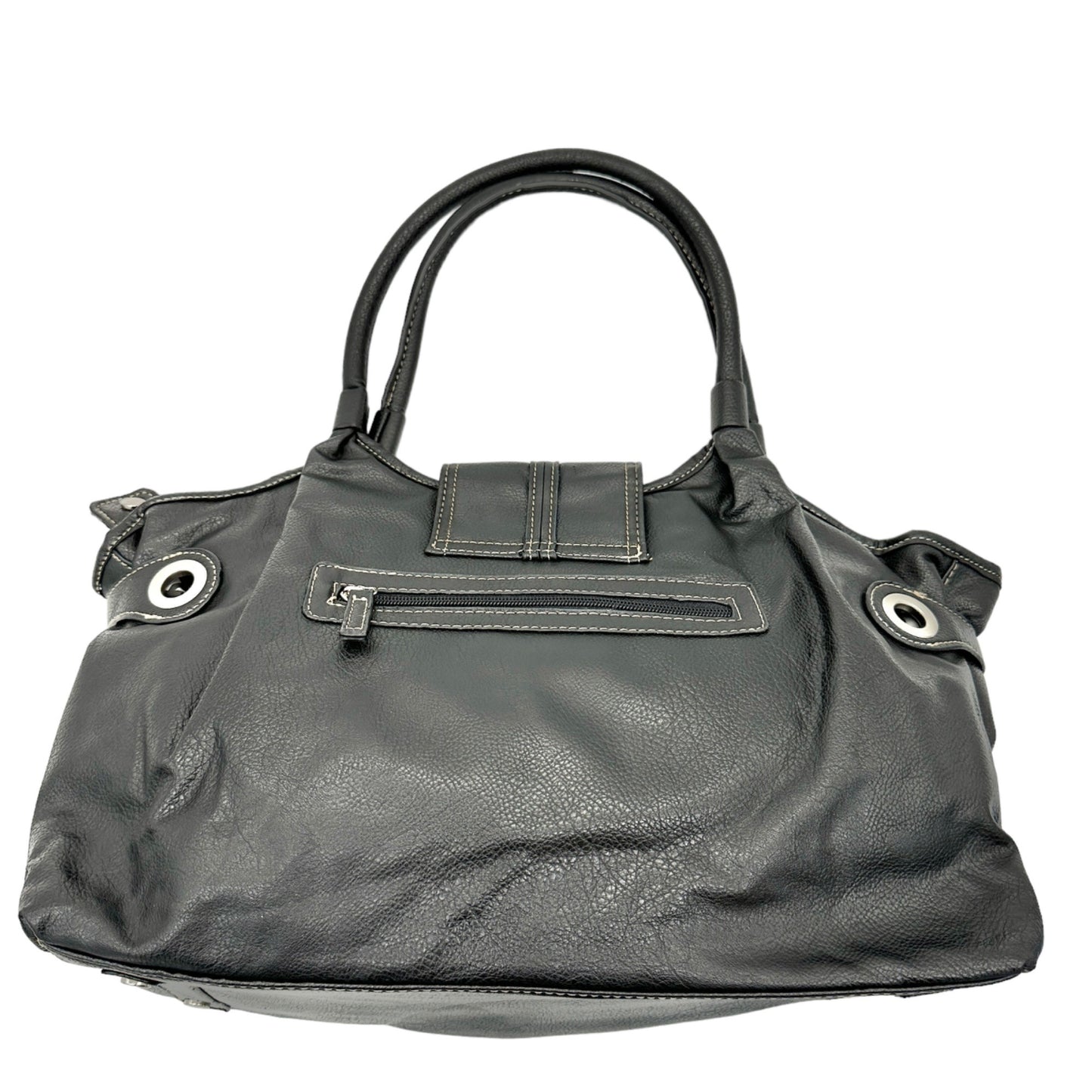 Sag Harbor Handbag  Black Faux Leather Double Handles Silver Hardware