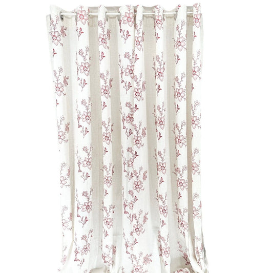 Pair of Curtain Panels 86 x 53 each Linen Red Stitched Flowers Grommets