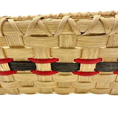 Handmade Basket Bread Basket Red and Green Accent Leather Handles Wood Base