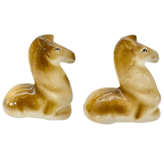 Vtg Ceramic Horse Salt and Pepper Shakers Cork Stoppers Japan Brown Mid-Century