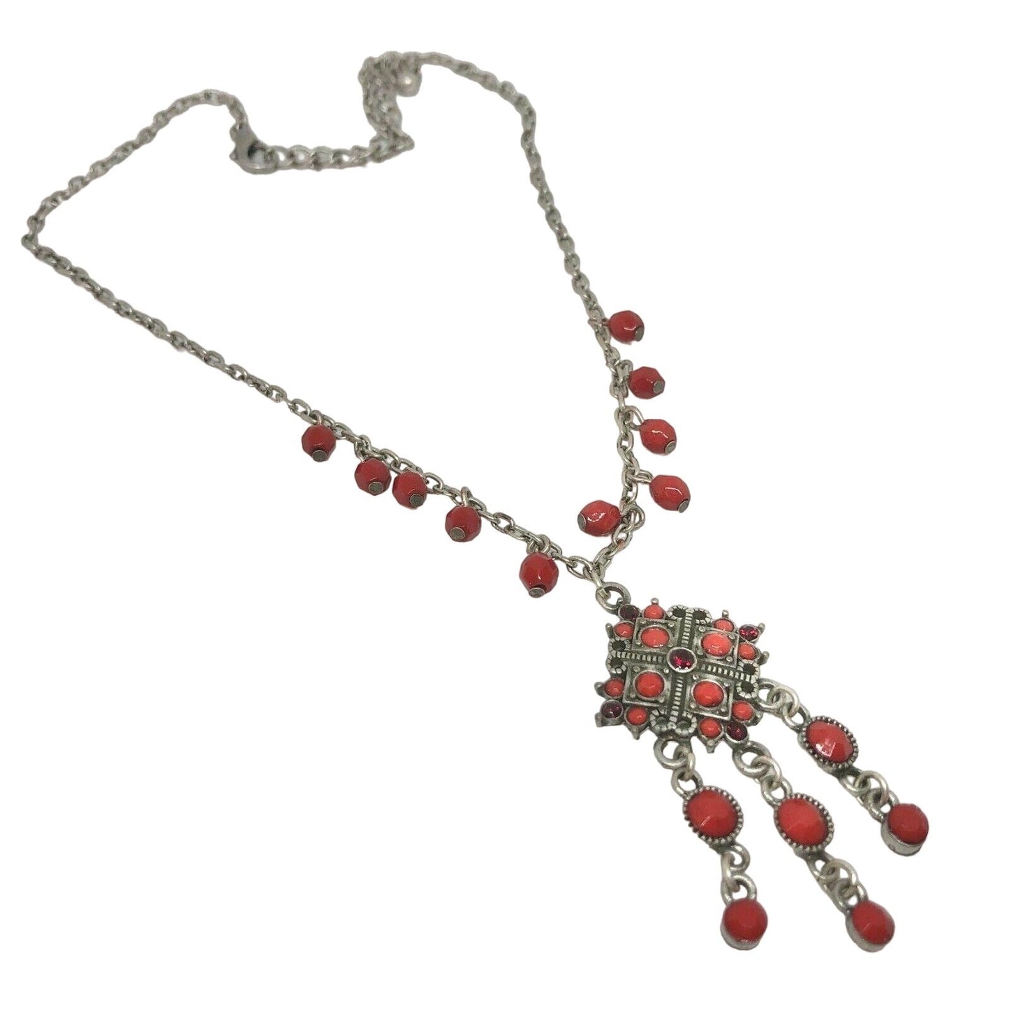 Silvertone & Two Shades of Red Beaded Necklace With Extender