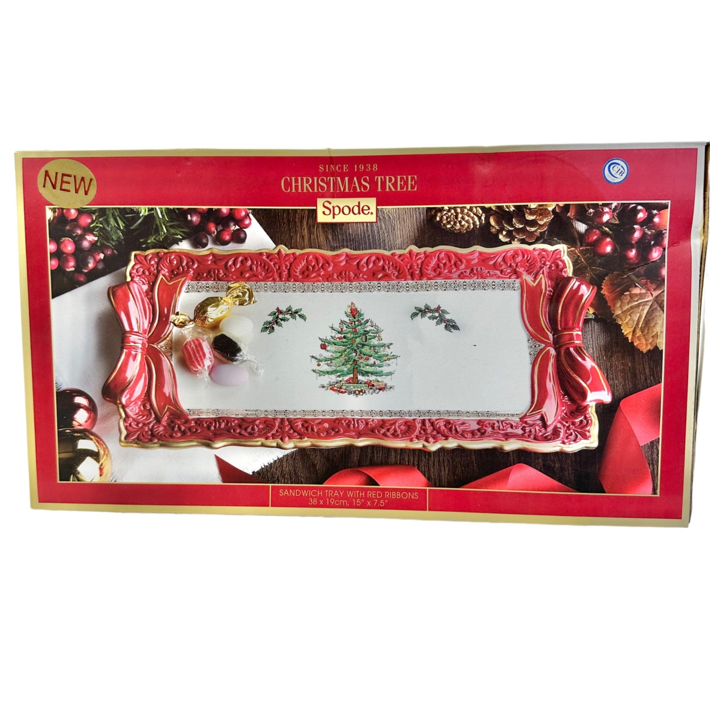 Spode Christmas Tree Sandwich Tray with Red Ribbons NIB MSRP $100