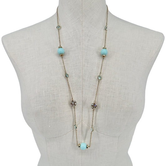 Pair of J. Crew Necklaces Identical Goldtone Chain Light Blue Beads and Gems