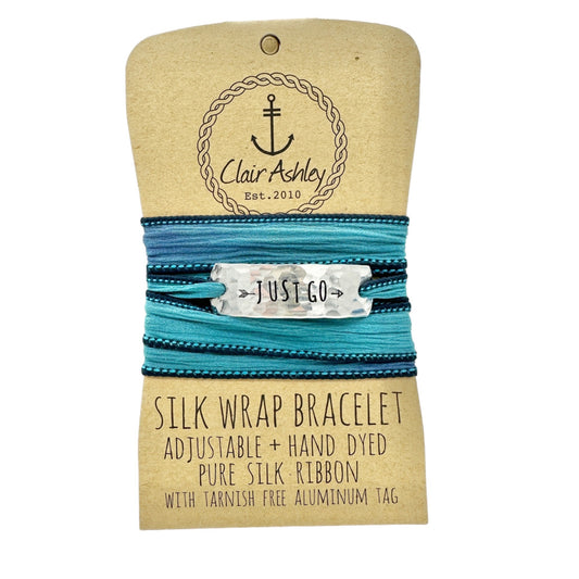 Silk Wrap Bracelet By Clair Ashley JUST GO Inscribed Pure Silk Ribbon