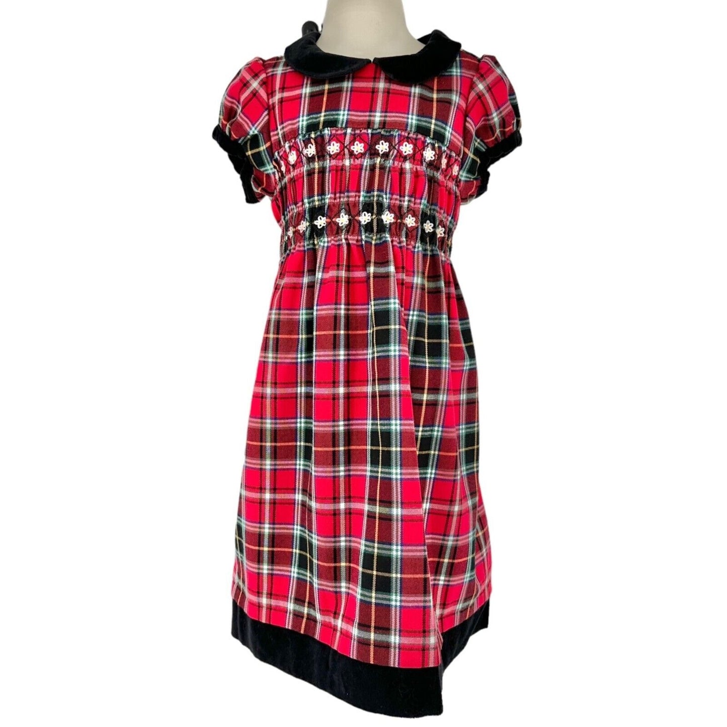 Hanna Andersson Girls 100 US 4 Dress Red & Black Paid with Faux Velvet Trim