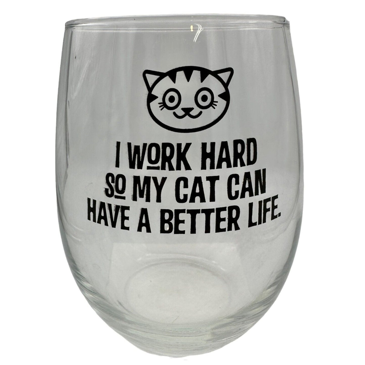 Pair of Wine Glasses Cat Themed Stemless Clear Glass 16oz Capacity