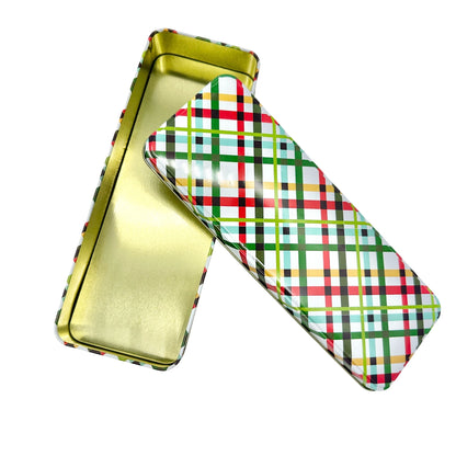 Holiday Gift Tin Plaid White Red Green Gold Goodies Gift Giving 9 x 3