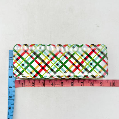 Holiday Gift Tin Plaid White Red Green Gold Goodies Gift Giving 9 x 3