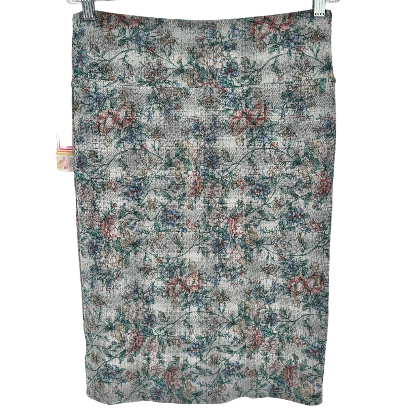 LuLaRoe Cassie Skirt Womens L Light Gray w Muted Multicolor Floral Pattern NWT