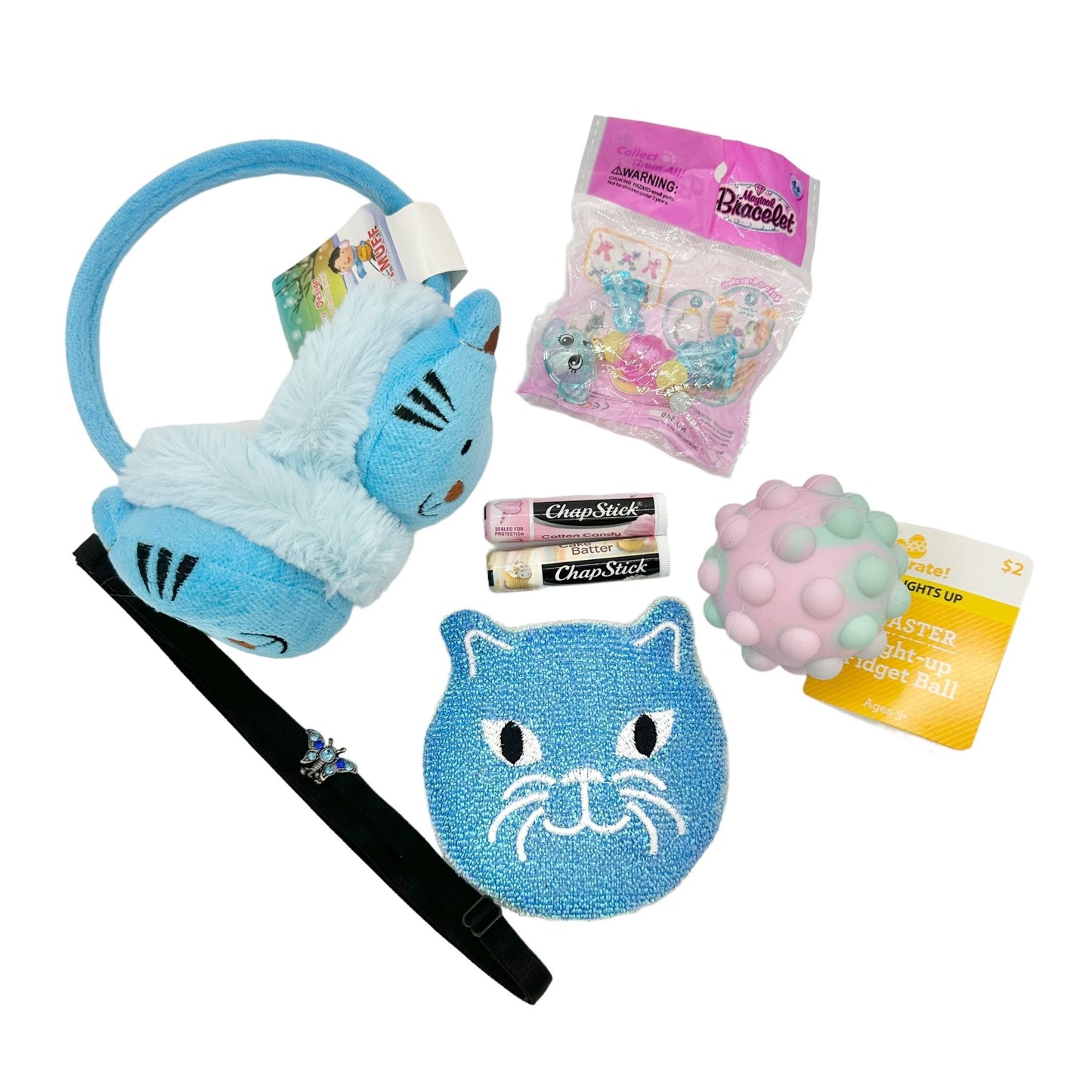 Easter Basket Bundle 7pc Girls Kitty Cat Blue Earmuffs Scrubber Activity Ball Bracelet and More