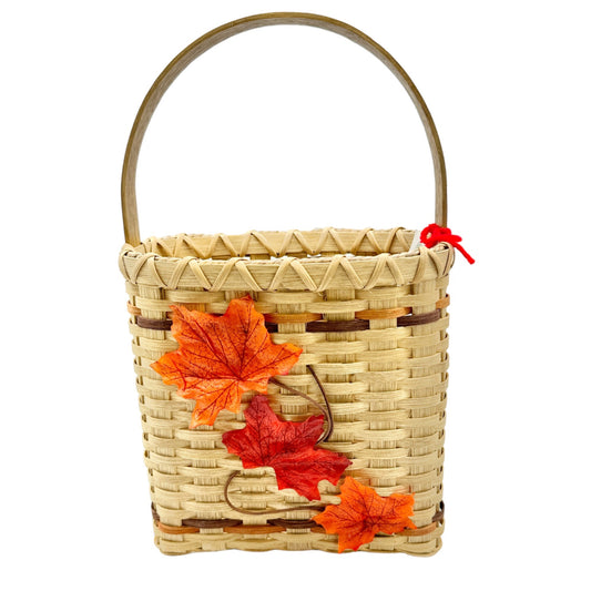 Handmade Basket Falling Leaves Oval Shaped with Handle and Leaves Decoration on Front