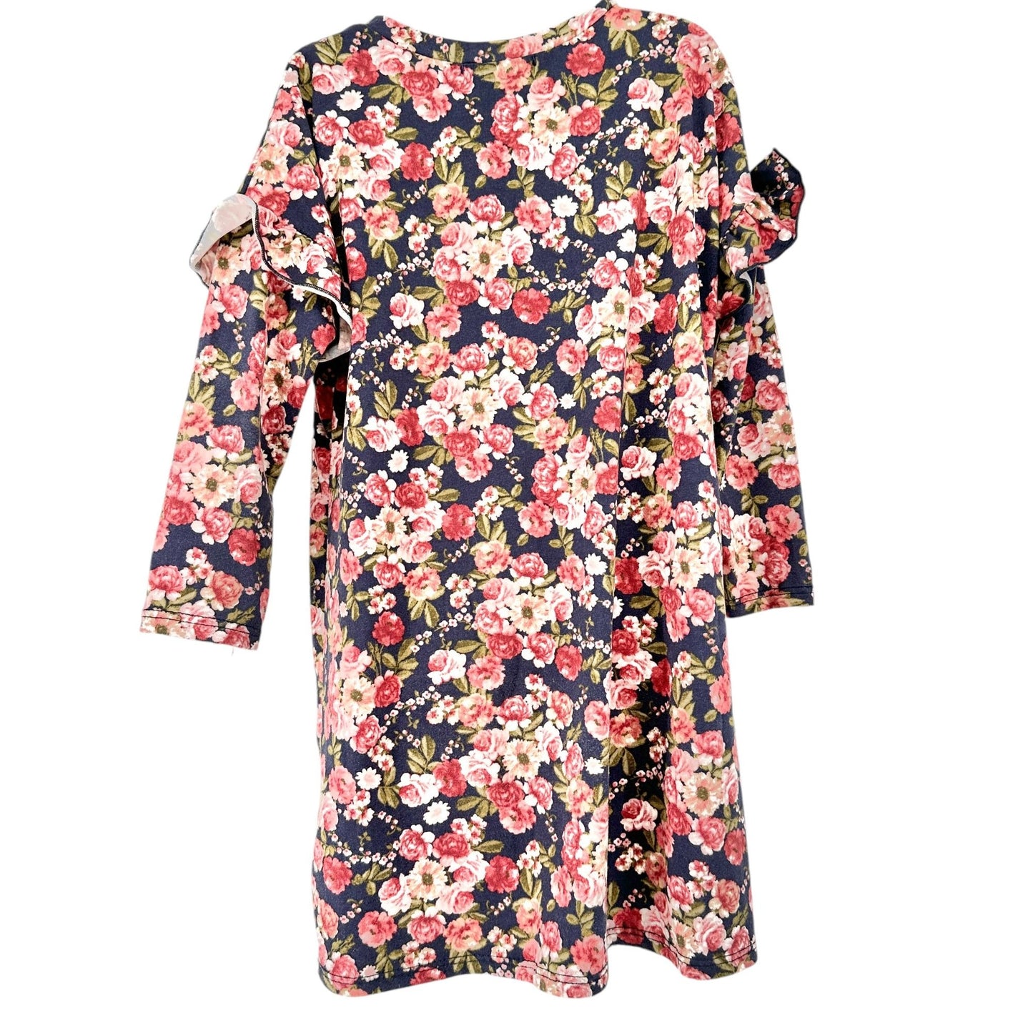 Poof! Girl Dress Size 5/6 Floral Ruffle Long-Sleeve Poly Spandex Navy Blue Pink