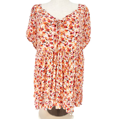 Torrid 3 Crinkle Babydoll Top Womens 22-24 Pink Floral SS Tie Front Rayon Boho