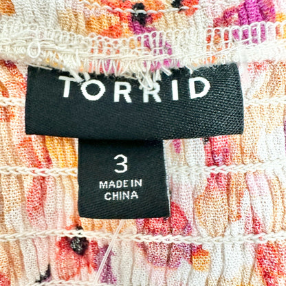 Torrid 3 Crinkle Babydoll Top Womens 22-24 Pink Floral SS Tie Front Rayon Boho