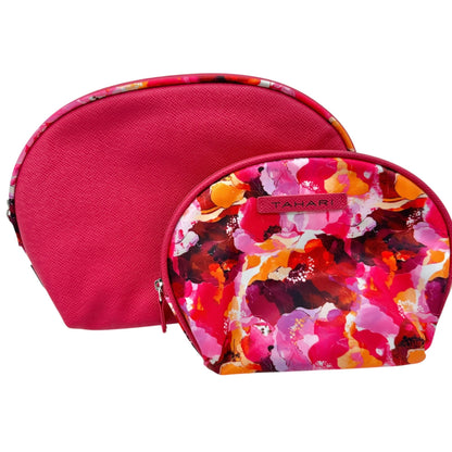 Tahari 2 Piece Cosmetic Bag Set Floral and Solid Pink Zipper Closure Travel NWOT