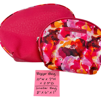 Tahari 2 Piece Cosmetic Bag Set Floral and Solid Pink Zipper Closure Travel NWOT