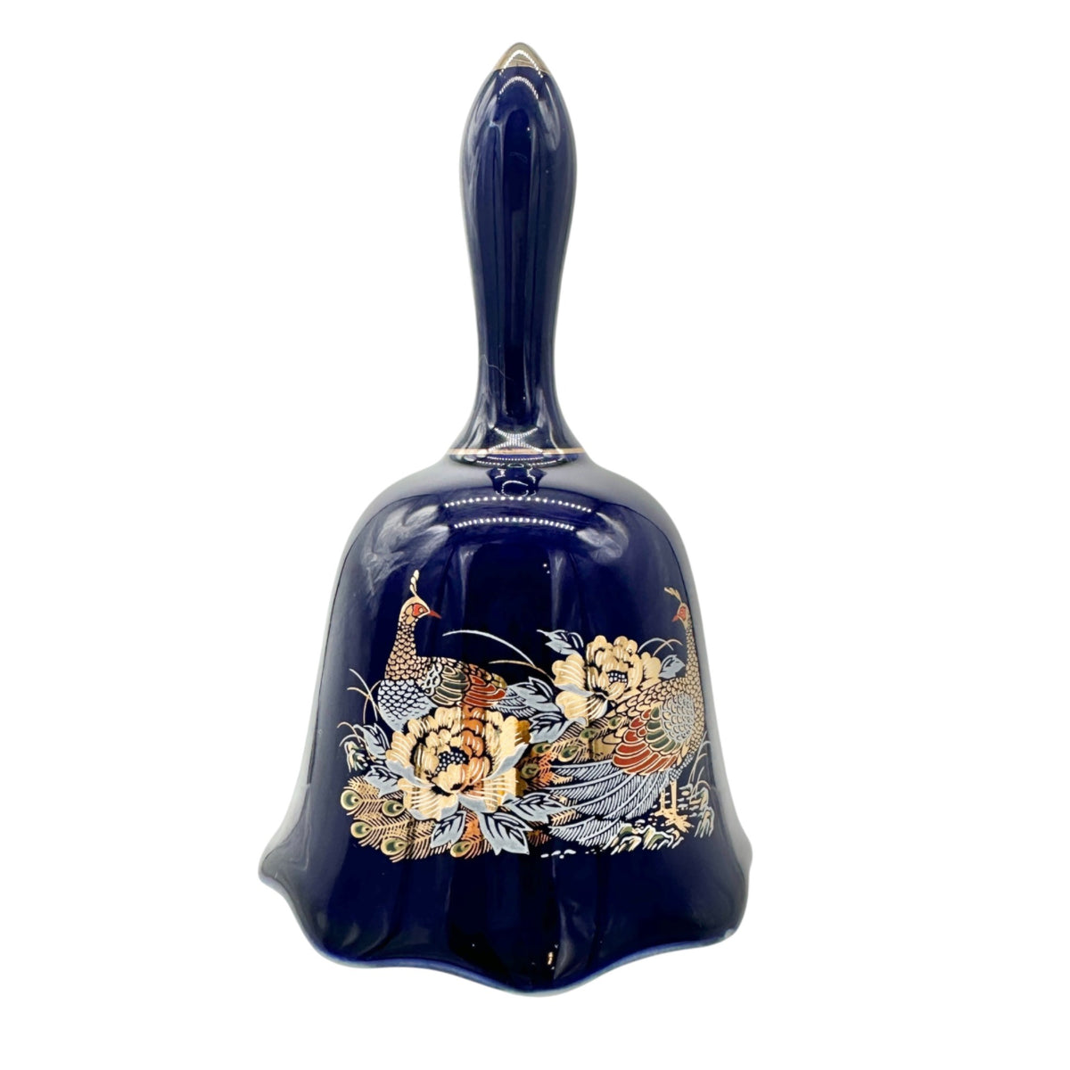 Vintage Navy Porcelain Bell With Golden Peacock and Floral Design 5.5" Tall