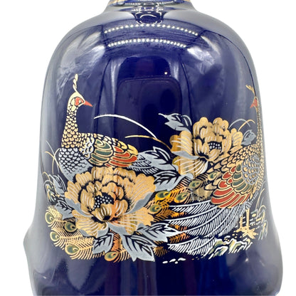 Vintage Navy Porcelain Bell With Golden Peacock and Floral Design 5.5" Tall