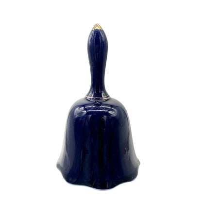 Vintage Navy Porcelain Bell With Golden Peacock and Floral Design 5.5" Tall