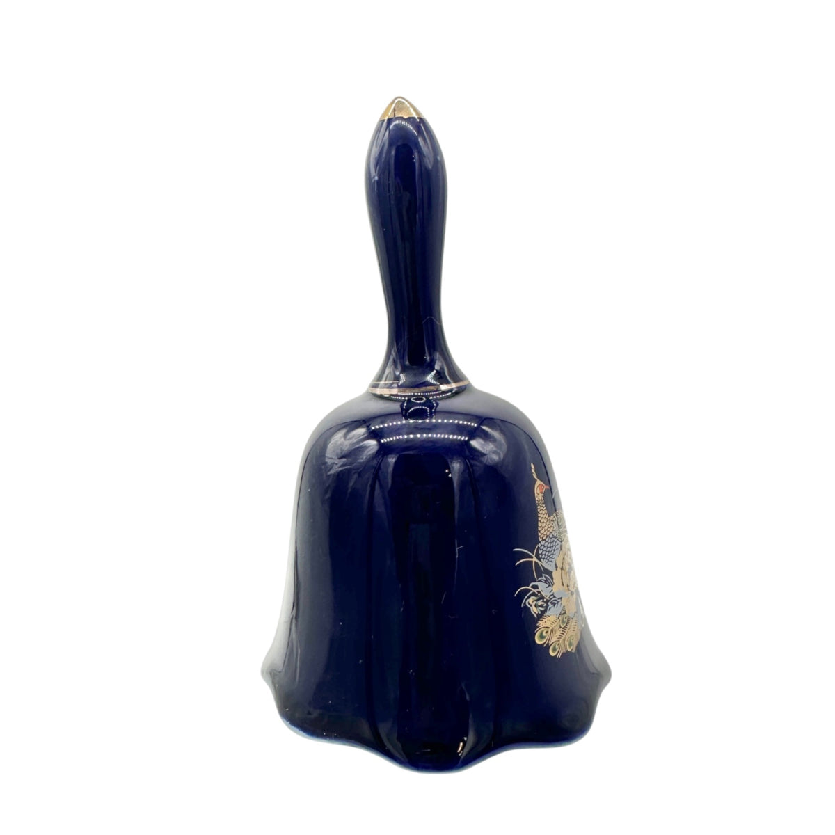 Vintage Navy Porcelain Bell With Golden Peacock and Floral Design 5.5" Tall
