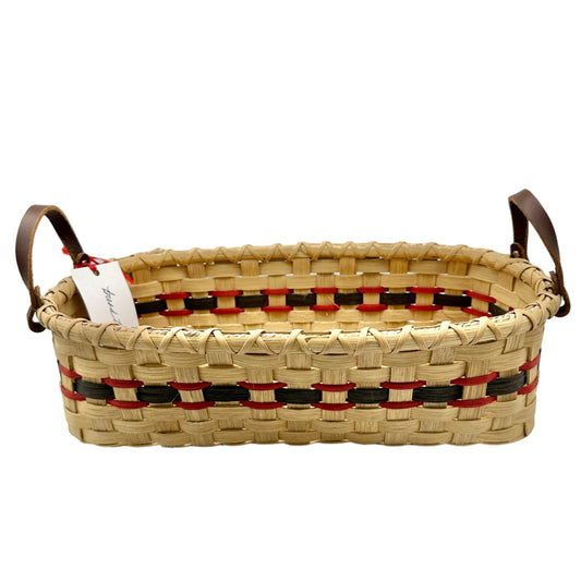 Handmade Basket Bread Basket Red and Green Accent Leather Handles Wood Base