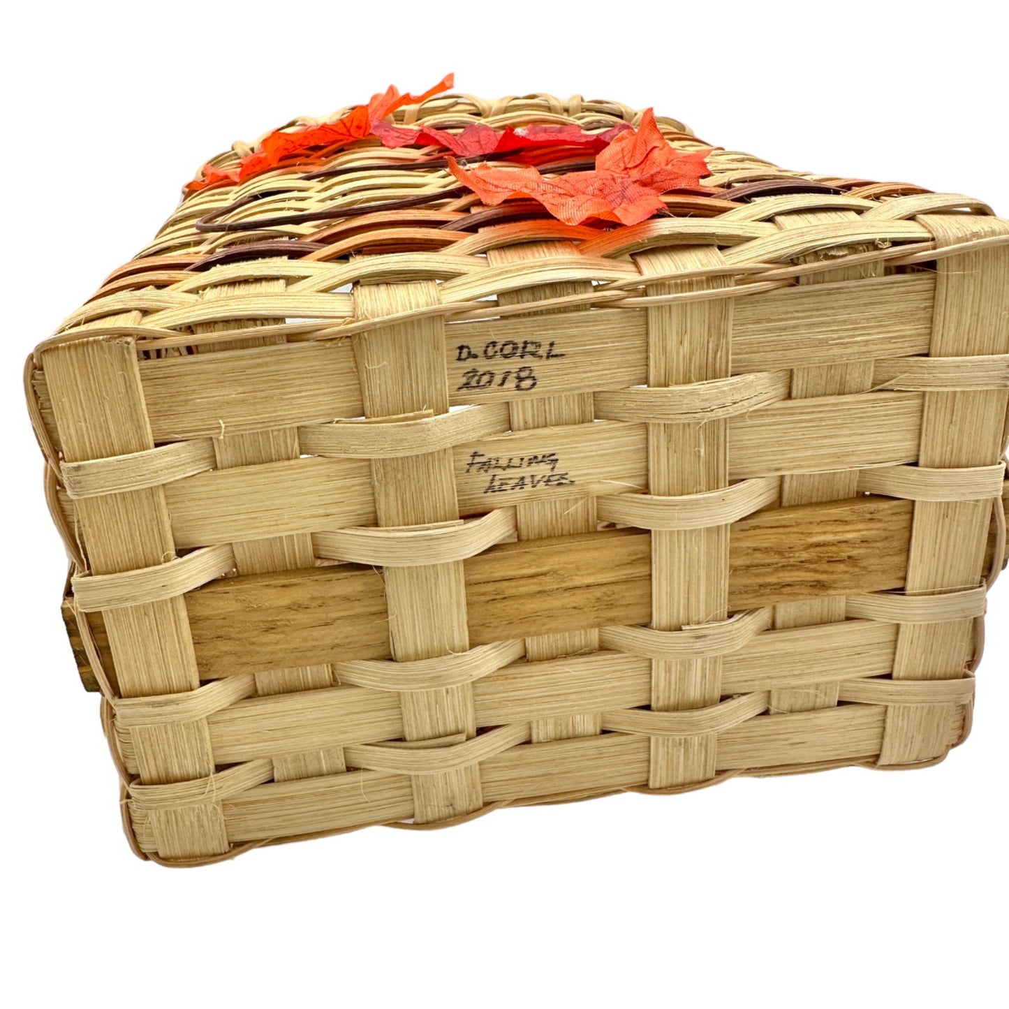 Handmade Basket Falling Leaves Square Shaped with Handle and Leaves Decoration on Front