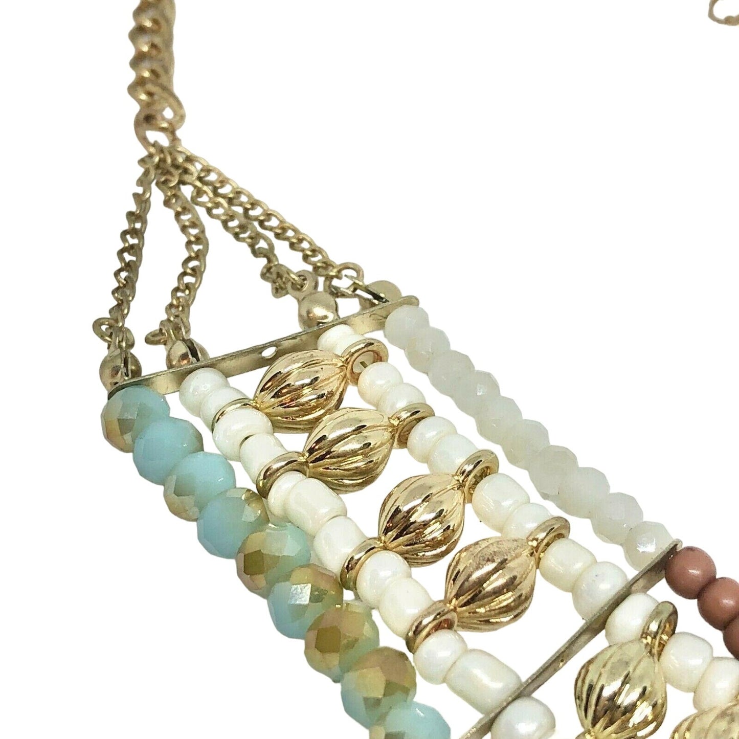 Multi-strand Goldtone Cream Brown Blue Bead Collar Necklace