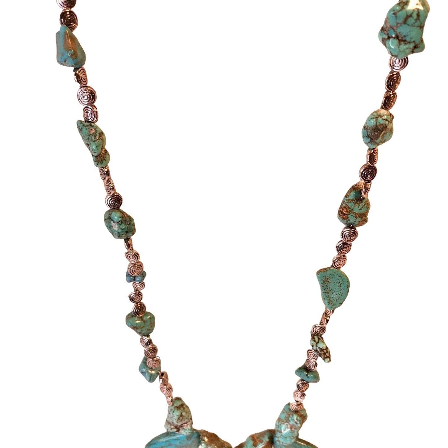 Handcrafted Beaded Necklace Turquoise and Brown Stones and Silver Beads NEW