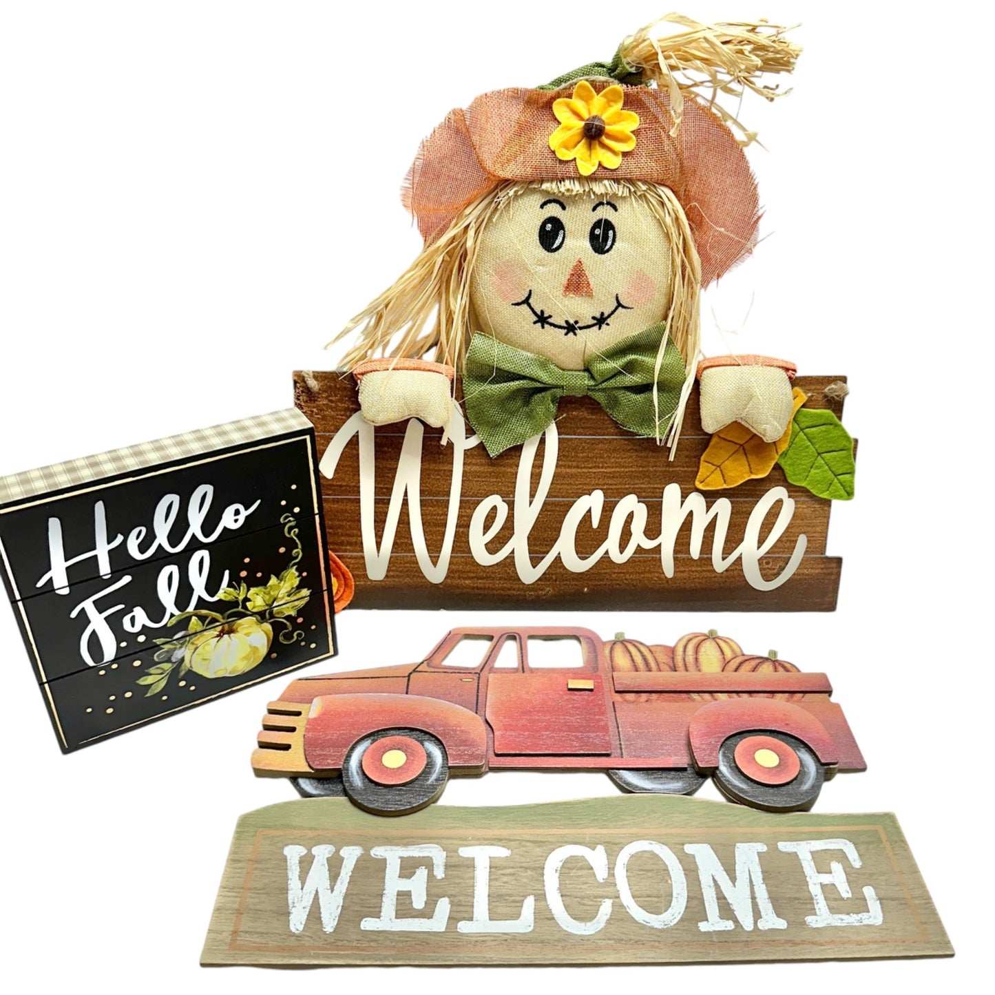 Autumn Decor 3pc Wood Sign Bundle Welcome Scarecrow Truck Pumpkins Hello Fall