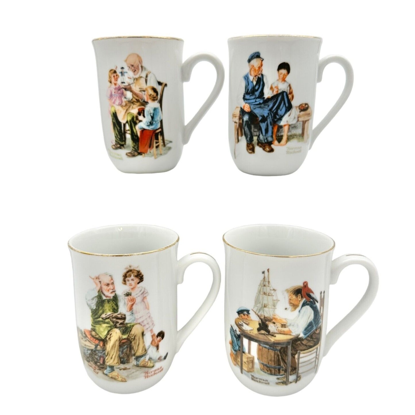 Norman Rockwell Museum Mugs Set 4 Toymaker LH Keepers Daughter Good Boy Cobbler