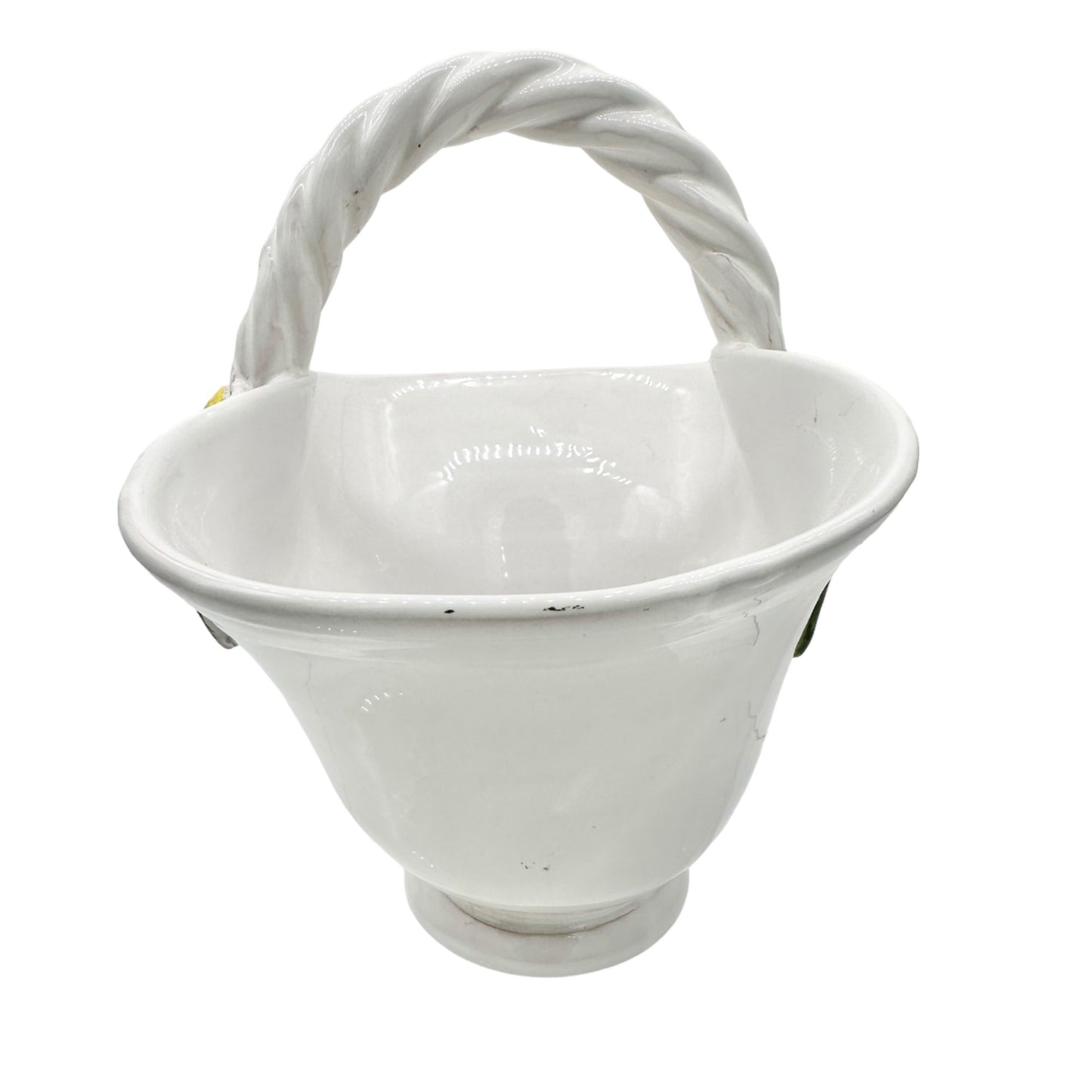 Handmade Ceramic Pottery Basket White with Lemon Leaf Design Vallauris France