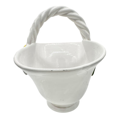 Handmade Ceramic Pottery Basket White with Lemon Leaf Design Vallauris France