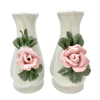 Ceramic Floral Salt and Pepper Shakers White with Pink Roses and Green Leaves