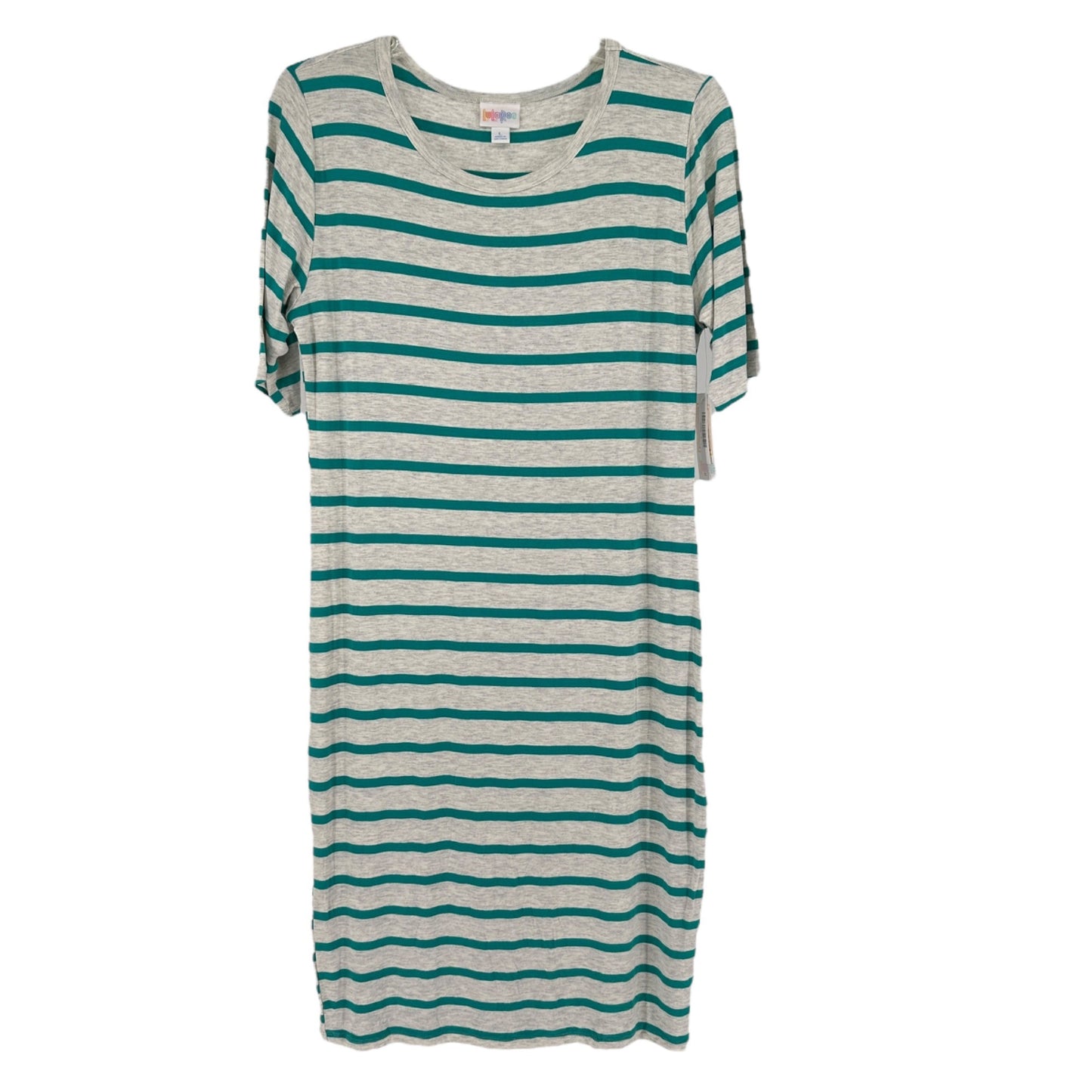 LuLaRoe Retired Julia Dress L Teal and White Striped SS Form Fitting NWT