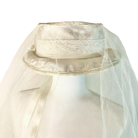 Lacy White Skimmer Style Wedding Hat with Full Veil Bridal Event Worthy