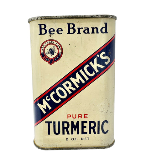 Vintage McCormicks Bee Brand Pure Turmeric Tin 2 Oz 1936 Spice Canister FULL