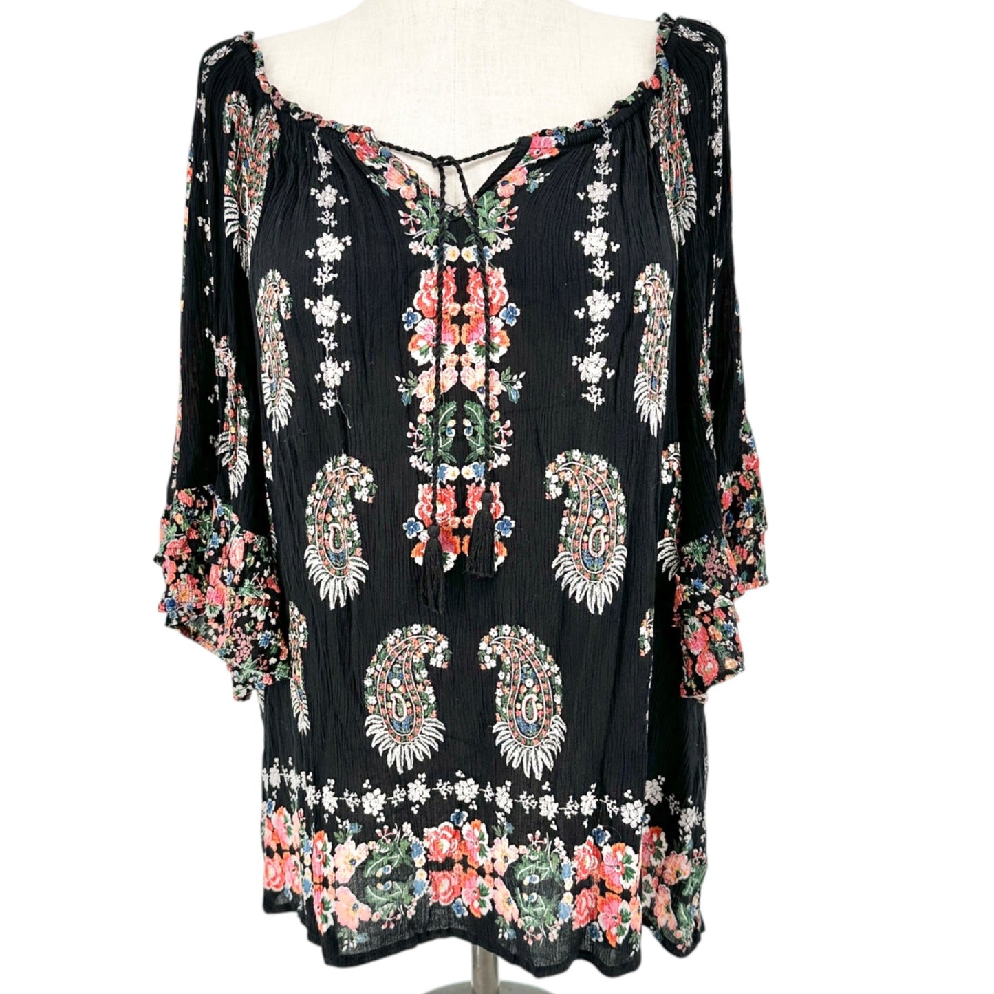 Bila Peasant Tunic Top Womens XXL Black Floral Boho Paisley 3/4 Sleeve Rayon