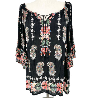 Bila Peasant Tunic Top Womens XXL Black Floral Boho Paisley 3/4 Sleeve Rayon